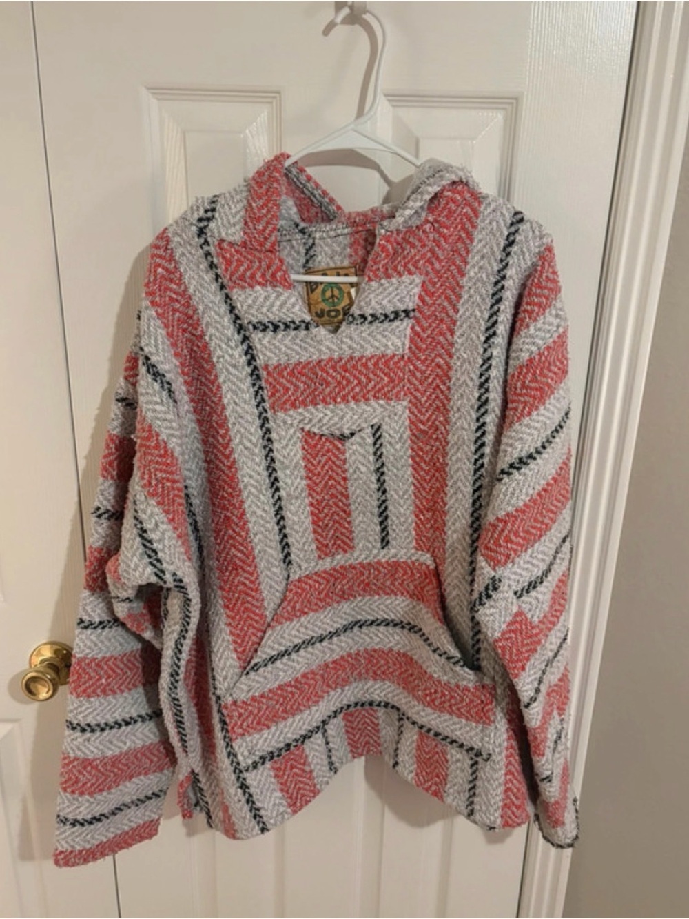 Striped Hooded Crew Sweater in Coral and Light Gray Baja Joe Drug Rug